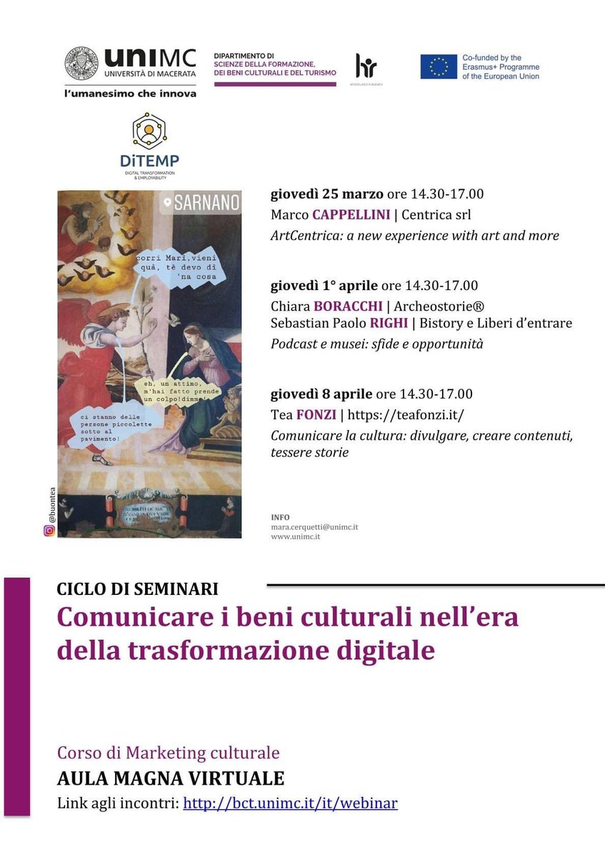 Ci vediamo al #seminario di giovedì prossimo alle 14:30, organizzato dal Corso di #Marketing culturale dell'Università di #Macerata, per parlare di #podcast, #comunicazione e #musei con @chiaraboracchi e Sebastian Paolo Righi!
Seguite il seminario qui: bct.unimc.it/it/webinar