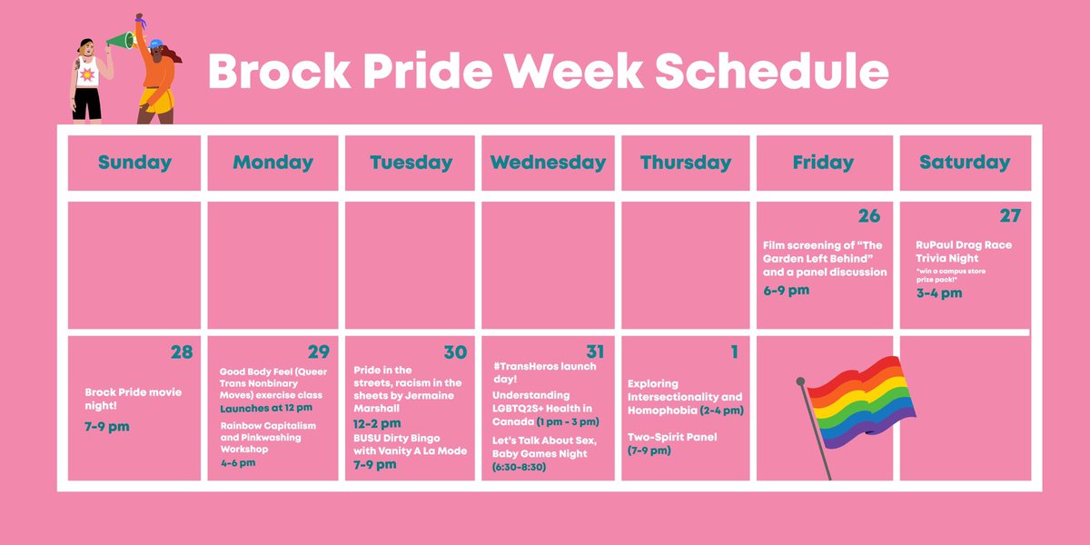 BrockSWAC's tweet photo. Happy Pride Week ❤️🧡💛💚💙💜🖤🤎
Mark your calendars for the rest of these amazing events! Visit @brocksjc on Instagram to learn more.
#BrockU #BrockSWAC https://t.co/wrMF74y6jg