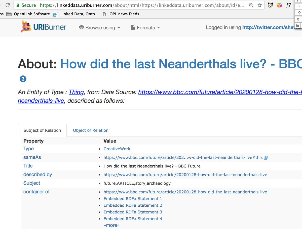 shewardmills's tweet photo. not much revealed using @datasniff on @BBC_Future re: #structuredata in the HTML doc of  this interesting article relating to #Neanderthals

https://t.co/jb08VWzzBB

However now we have an entry point for #KnowledgeGraph exploration 

https://t.co/zVqkNsIVDb

#NoCode #lowcode https://t.co/ETMkWZRTvE