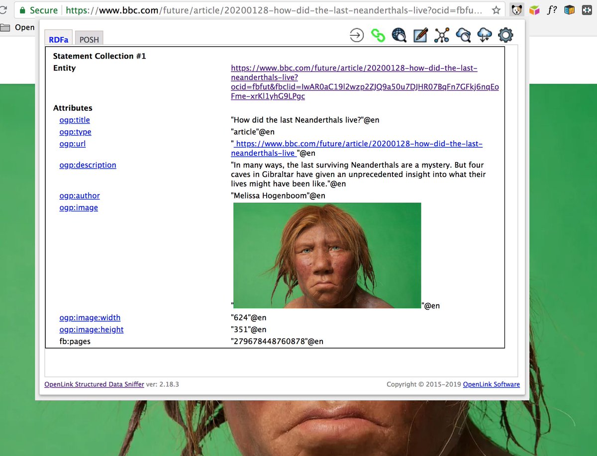 shewardmills's tweet photo. not much revealed using @datasniff on @BBC_Future re: #structuredata in the HTML doc of  this interesting article relating to #Neanderthals

https://t.co/jb08VWzzBB

However now we have an entry point for #KnowledgeGraph exploration 

https://t.co/zVqkNsIVDb

#NoCode #lowcode https://t.co/ETMkWZRTvE