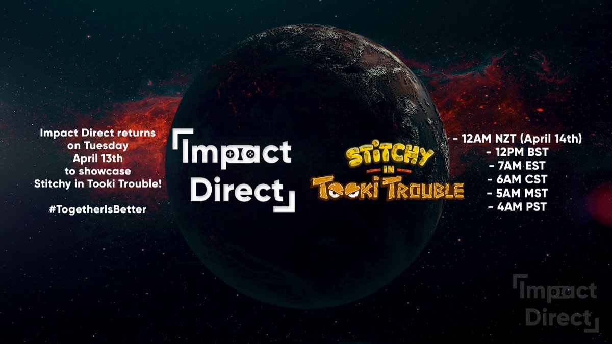 ImpactGameStat's tweet photo. #ImpactDirect returns in TWO WEEKS on April 13th at the following times:
- 12AM NZT (April 14th)
- 12PM BST
- 7AM EST
- 6AM CST
- 5AM MST
- 4AM PST
#StitchyInTookiTrouble #ImpactDirectStitchyInTookiTroubleEdition #Nintendo #NintendoSwitch #Polygoat #Platformer #TogetherIsBetter https://t.co/Gwon9SuQlA