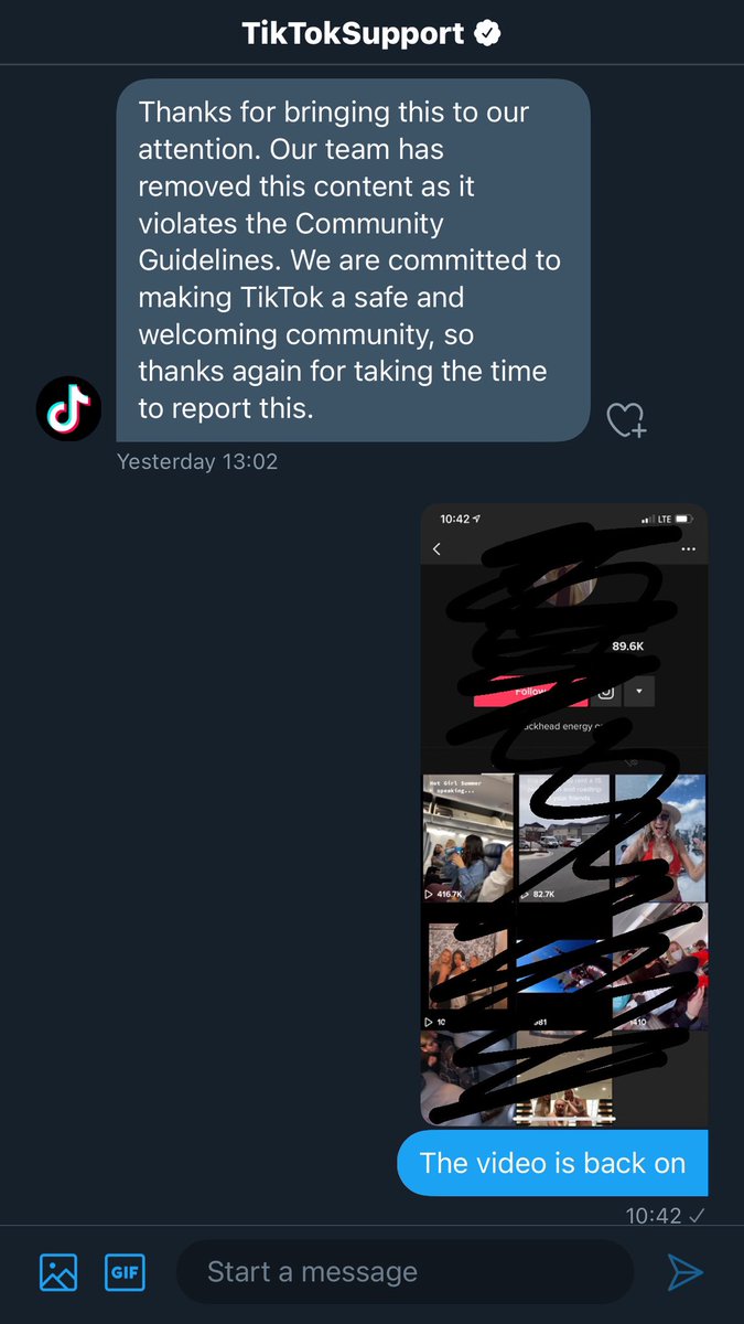 Queenelaki's tweet photo. @TikTokSupport This is what @tiktok_us does. They say they removed a video for violating their guidelines and then boom, the next day it’s back on.. LIARS!  
What is it then?? Does it violate it or not? https://t.co/PHWC5whbxg