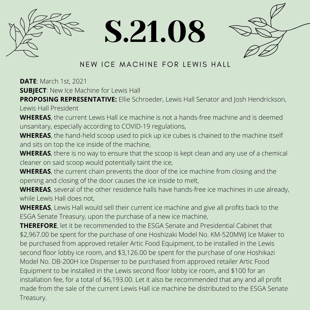 ESGAsenate's tweet photo. The senate also passed bills to purchase Mabee center equipment, stackable chairs for Scott Hall, a new ice machine for Lewis Hall, and a security mirror for the Burgess Hall Lobby. https://t.co/ZMngTITggL