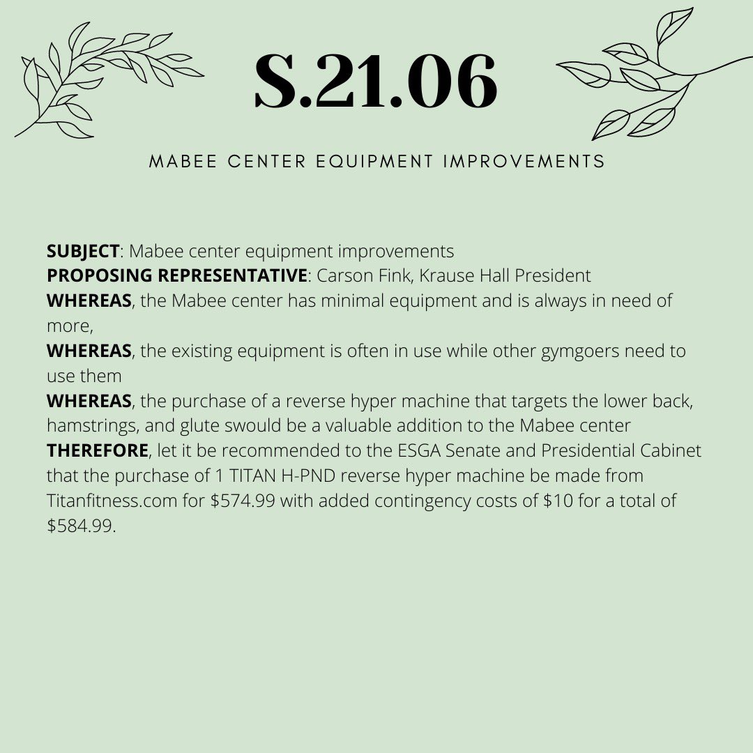 ESGAsenate's tweet photo. The senate also passed bills to purchase Mabee center equipment, stackable chairs for Scott Hall, a new ice machine for Lewis Hall, and a security mirror for the Burgess Hall Lobby. https://t.co/ZMngTITggL