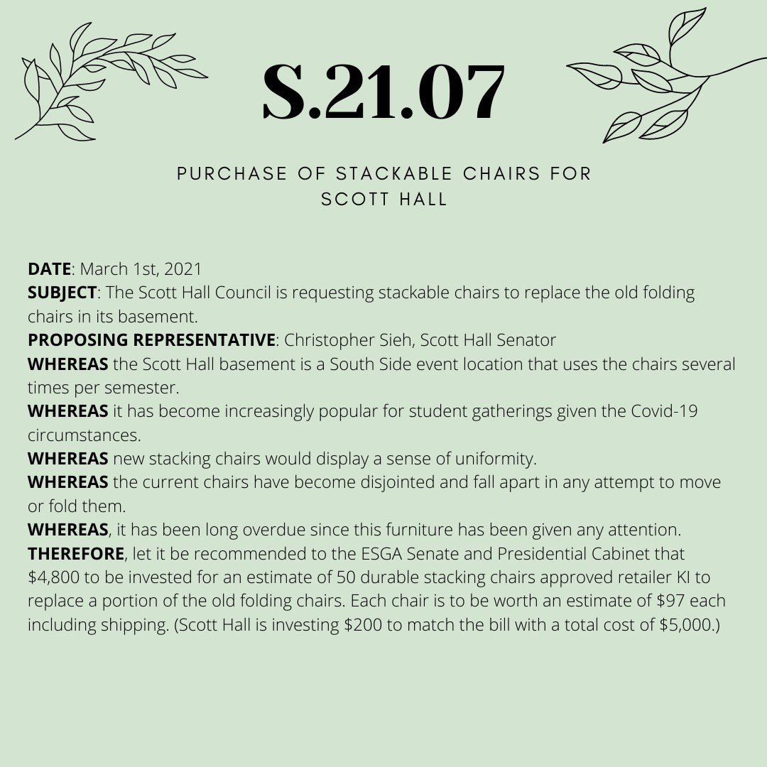 ESGAsenate's tweet photo. The senate also passed bills to purchase Mabee center equipment, stackable chairs for Scott Hall, a new ice machine for Lewis Hall, and a security mirror for the Burgess Hall Lobby. https://t.co/ZMngTITggL
