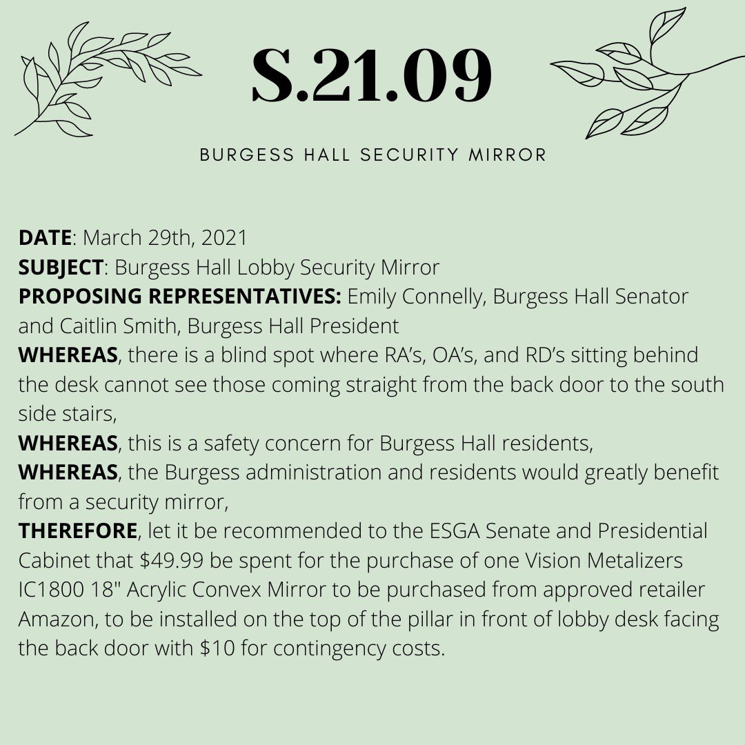 ESGAsenate's tweet photo. The senate also passed bills to purchase Mabee center equipment, stackable chairs for Scott Hall, a new ice machine for Lewis Hall, and a security mirror for the Burgess Hall Lobby. https://t.co/ZMngTITggL