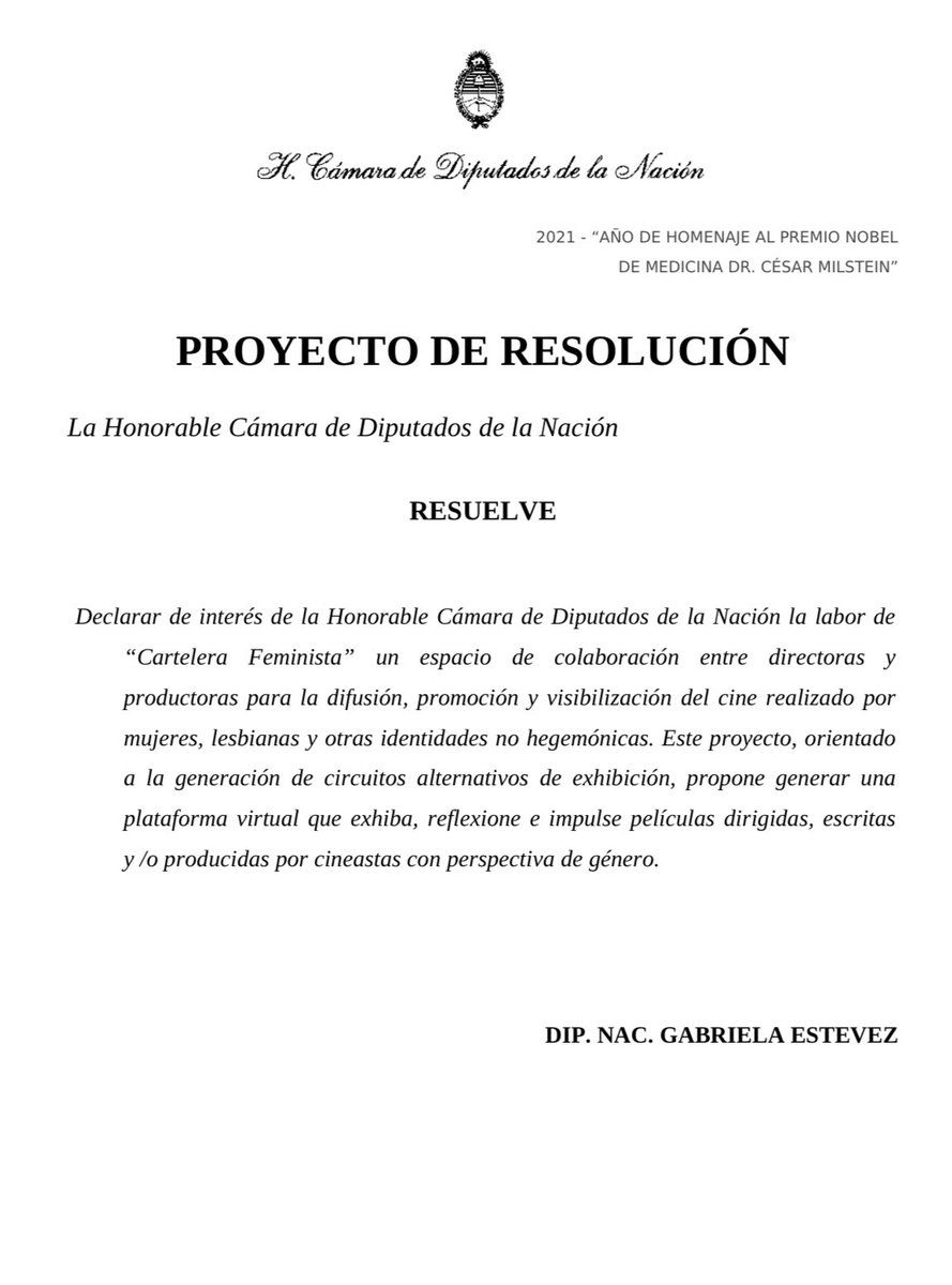 Presente un proyecto para declarar de interes en <a href="/DiputadosAR/">Diputados Argentina</a> a “Cartelera Feminista” que es un espacio de colaboración entre directoras y productoras para la difusión y visibilizacion del cine realizado por mujeres y disidencias. 👇🏾