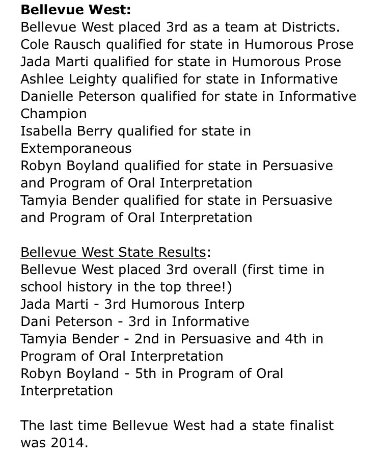 BellevueSchools's tweet photo. Congratulations to the Forensics teams from Bellevue East and Bellevue West on their recent accomplishments at NSAA State Speech! #bpsne #TeamBPS #ChampionsForChildren https://t.co/739YMVKAJs