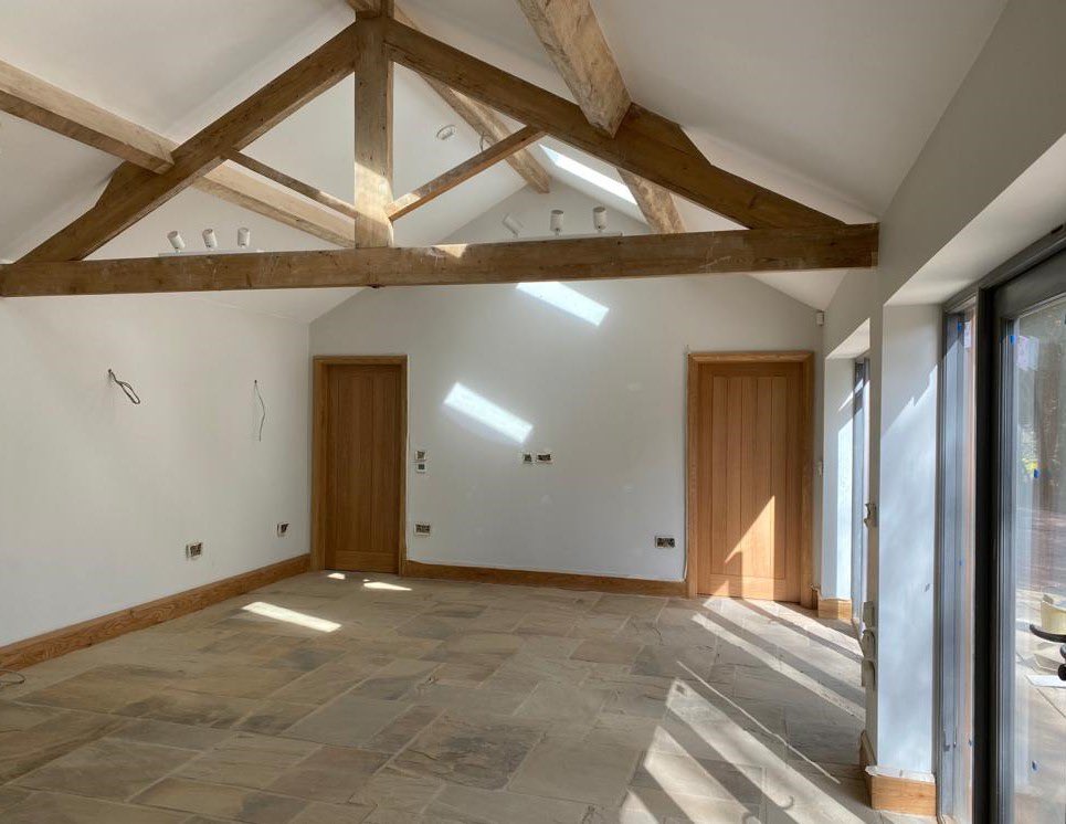 We’re nearing completion on our stable block conversion in Great Ouseburn, with interiors well under way. Timber interior doors installed, Yorkshire stone slab flooring laid, and decoration is beginning. Not long to go now before our clients can enjoy this beautiful new home.