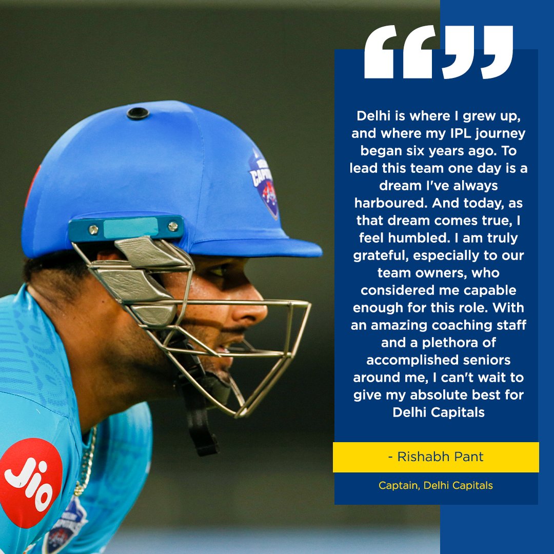DelhiCapitals's tweet photo. A dream come true moment for @RishabhPant17 🥺

Ready to roar with you in #IPL2021, Captain Pantastic 💙

#YehHaiNayiDilli https://t.co/nuwF3E0mUV