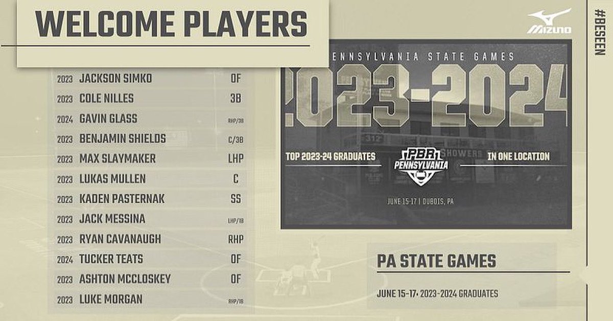 PrepBaseballPA's tweet photo. We would like to welcome the following players to the Pennsylvania State Games in DuBois, PA. 📍

- Top (‘23-‘24) Grads💪
- (June 15-17)🗓
- @TWIBaseballSJ Live Coverage
- @TrackManBB &amp; @Blast_Bsbl

#PASGames #BeSeen https://t.co/o1m04o58rR