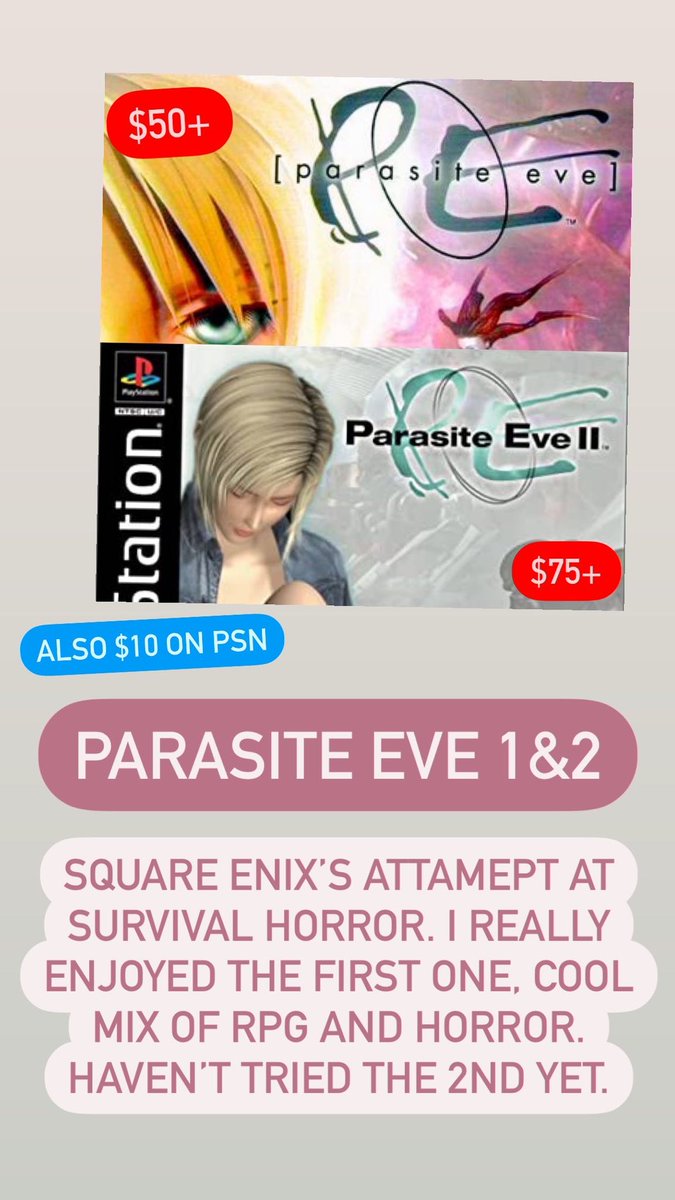 CollectionRevo's tweet photo. With the PS3 store closing I thought I would share a handful of PS1 games you can grab for dirt cheap on the U.S PSN. #PS3 #PS1 #parasiteeve #raregames #ripps3 https://t.co/jiyTFby9In