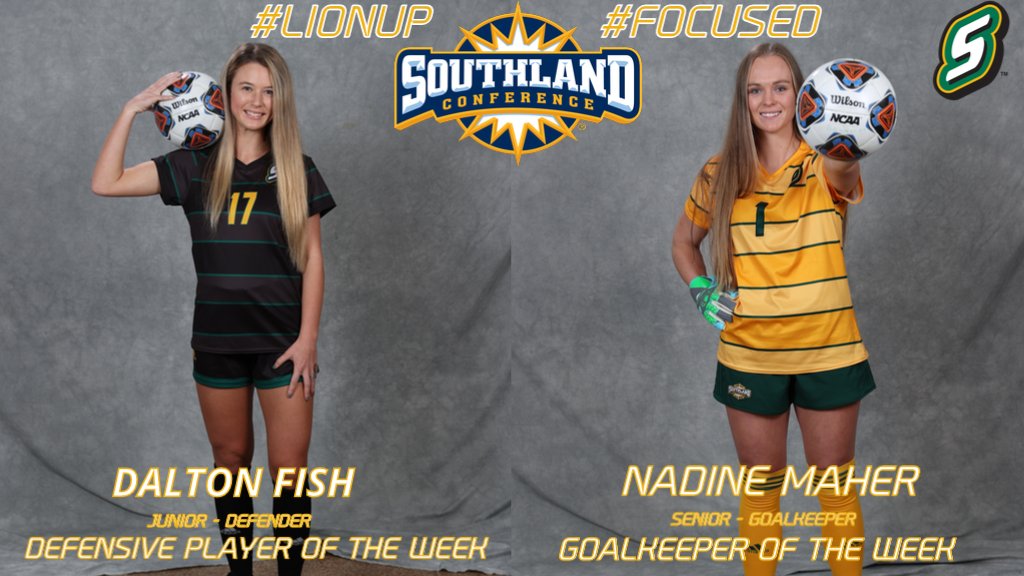 LionUpSoccer's tweet photo. .Dalton Fish and Nadine Maher are your Southland Conference Players of the Week! 
- Fish played all 220 minutes this past weekend helping SLU to two shutouts.
- Maher, faced 40 shots and 12 saves for her 2nd and  3rd shutouts of the season.
Take a bow ladies!
#focUSed #LionUp https://t.co/xWmplnbDnf