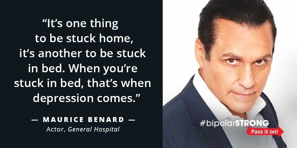 bphope4Bipolar's tweet photo. @GeneralHospital's star @MauriceBenard has words of advice for keeping bipolar depression at bay for those who are still staying at home: “Keep doing the routine you were doing before you were stuck at home”. Read more: https://t.co/9HyTgGcOl6 #bipolarStrong #WorldBipolarDay https://t.co/RyY4iMeuYR