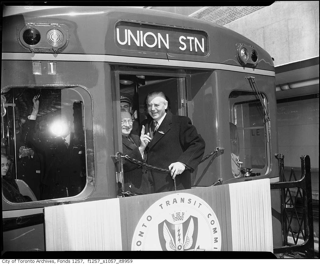 TorontoArchives's tweet photo. #OTD in 1954, official opening of the #TTC Yonge subway line! Clockwise: Ontario Premier Leslie Frost in a subway car, Premier Frost meeting TTC staff,  a subway car in station, and Mayor Allan Lamport &amp; Metro Chairman Frederick Gardiner in a subway car. Photos: Alexandra Studio https://t.co/g9V7pR8Zws
