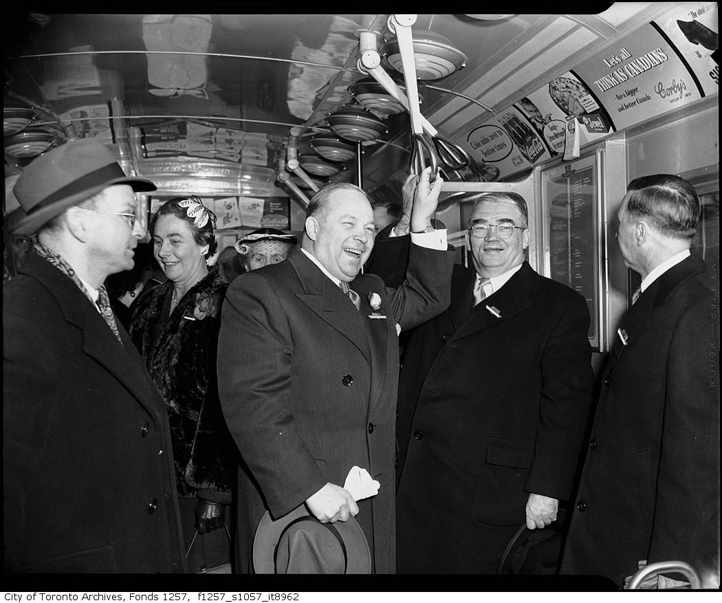 TorontoArchives's tweet photo. #OTD in 1954, official opening of the #TTC Yonge subway line! Clockwise: Ontario Premier Leslie Frost in a subway car, Premier Frost meeting TTC staff,  a subway car in station, and Mayor Allan Lamport &amp; Metro Chairman Frederick Gardiner in a subway car. Photos: Alexandra Studio https://t.co/g9V7pR8Zws