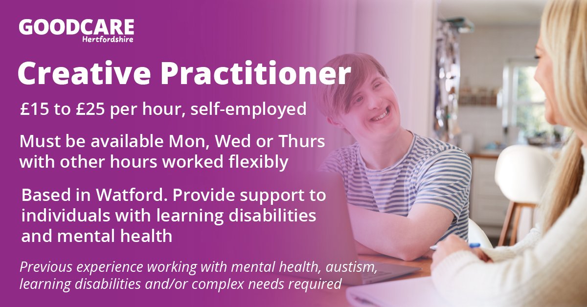 HertsGoodCare's tweet photo. We are supporting an employer in Watford to fill their Creative Practitioner vacancies. This is a self-employed position meaning hours are flexible to suit you.

See more about this job https://t.co/BZD0ydmSQN

#goodcare #jobs #vacancies #care #watford #Hertfordshire https://t.co/WLrGstS7uw