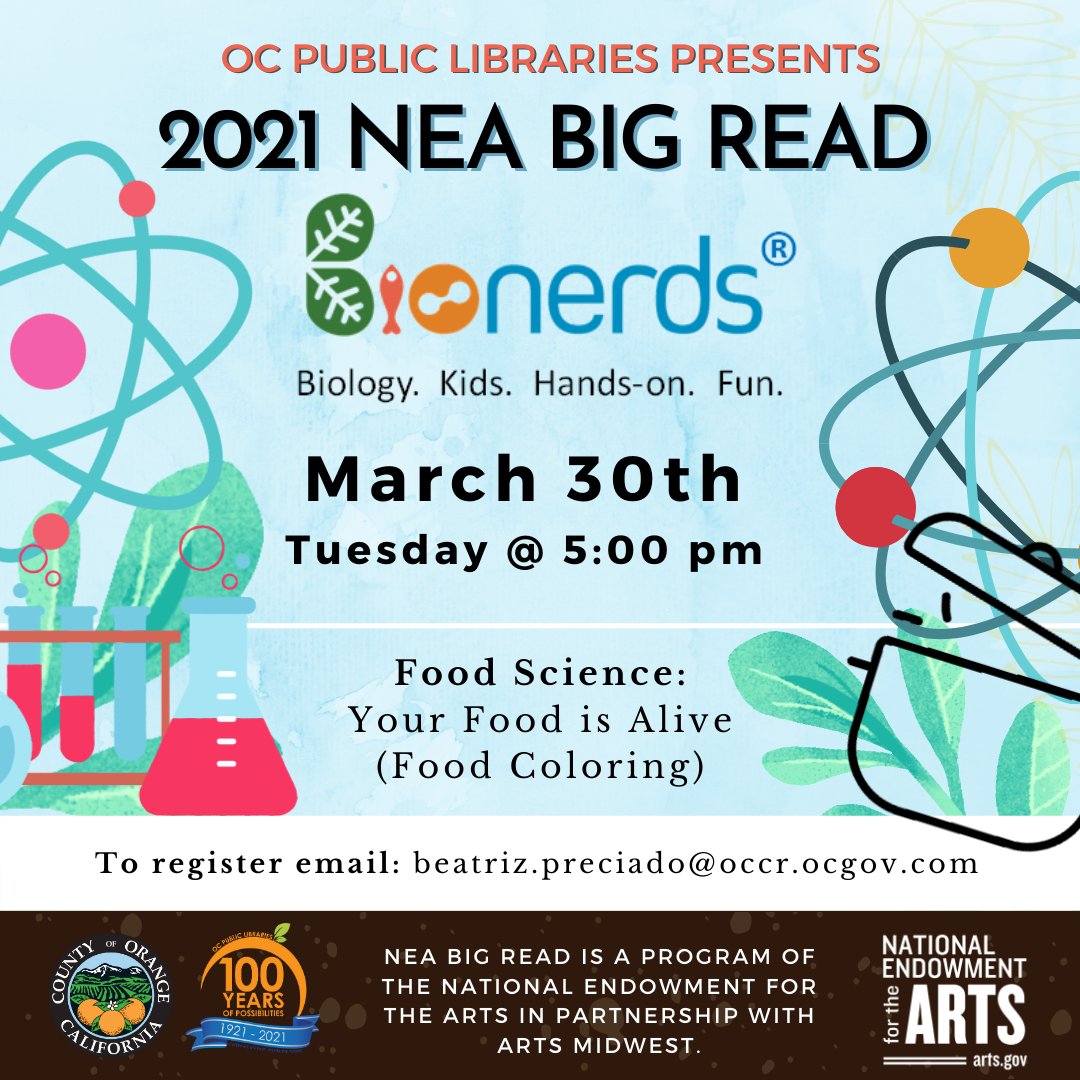 ocpublib's tweet image. BioNerds welcomes students in grades K-8th for fun and hands-on STEM activities. Pre-recorded videos will be released on Tuesdays at 5:00pm and will be available for a one-week period. 

Register: beatriz.preciado@occr.ocgov.com 

#bionerds #neabigread #ocpubliclibraries #ocpl100