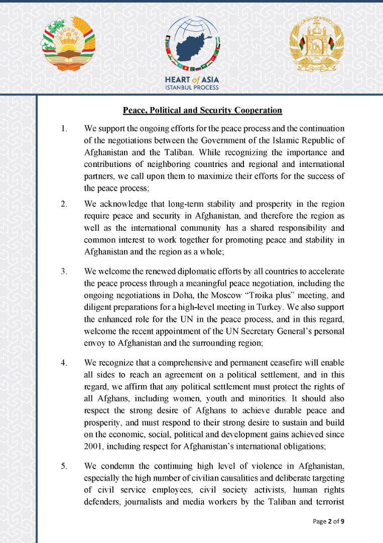 HeartofAsia_IP's tweet photo. The Declaration of the 9th Ministerial Conference (#DushanbeDeclaration) of the @HeartofAsia_IP:
1/3 https://t.co/XClAlTcbAH
