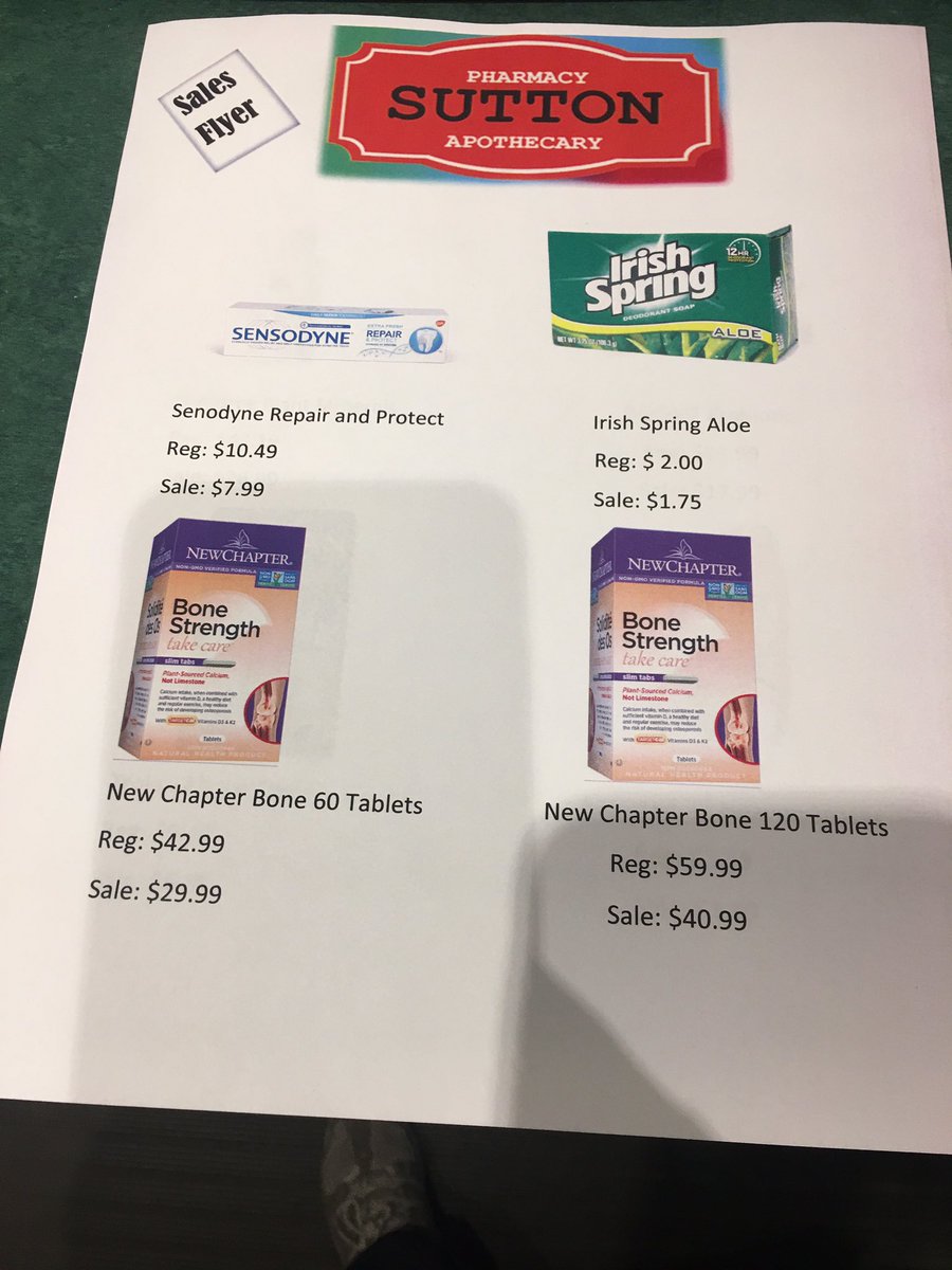 SuttonApothcary's tweet photo. Newest sales flyer. Some great deals going on right now. 

Delivery available upon request.

#flyer #greatdeals #deliveryavailable https://t.co/ATQJzb3Hud