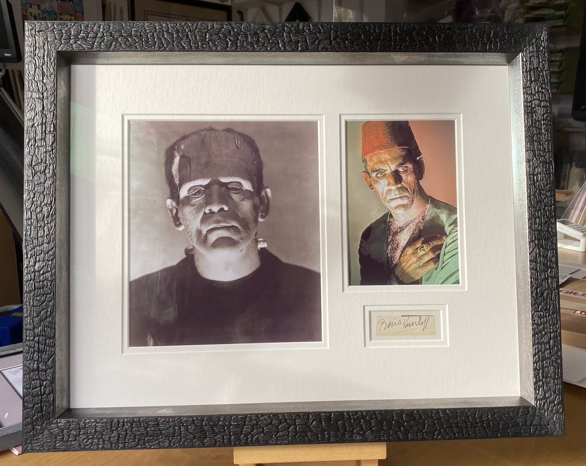YPFOld's tweet image. Boris Karloff signature along with a couple of “in character” photos framed for a local collector. Burnt charcoal effect frame with full conservation framing ensuring no harm to the artwork. #WorcestershireHour