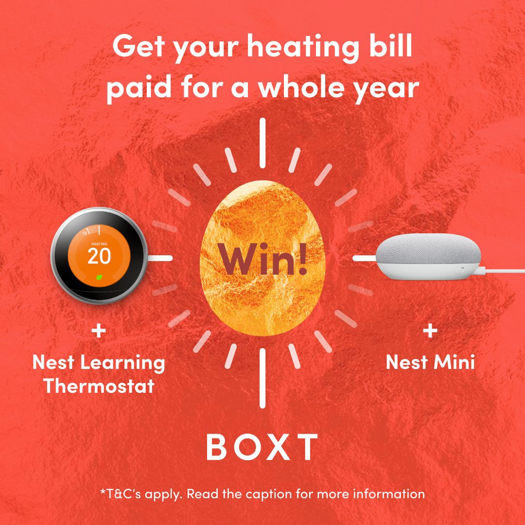 weareboxt's tweet photo. 𝗖𝗢𝗠𝗣𝗘𝗧𝗜𝗧𝗜𝗢𝗡 🚨

We're giving back this easter and one lucky person will win their heating bill paid for a year (Up to £700) &amp; Google Nest are throwing in a Nest Thermostat and Nest Mini!

To enter:
Follow @weareboxt RT this &amp; tag a mate!

Comp ends 5.4.21, T&amp;Cs apply. https://t.co/HNOQ4GnKsH