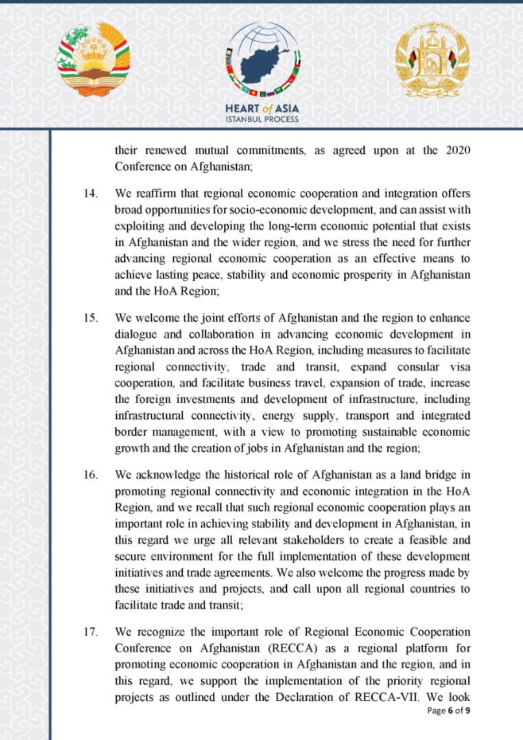 HeartofAsia_IP's tweet photo. The Declaration of the 9th Ministerial Conference (#DushanbeDeclaration) of the @HeartofAsia_IP:
2/3 https://t.co/eQOO70NLbG