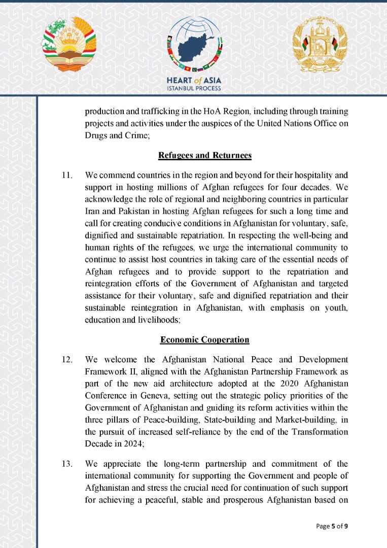 HeartofAsia_IP's tweet photo. The Declaration of the 9th Ministerial Conference (#DushanbeDeclaration) of the @HeartofAsia_IP:
2/3 https://t.co/eQOO70NLbG