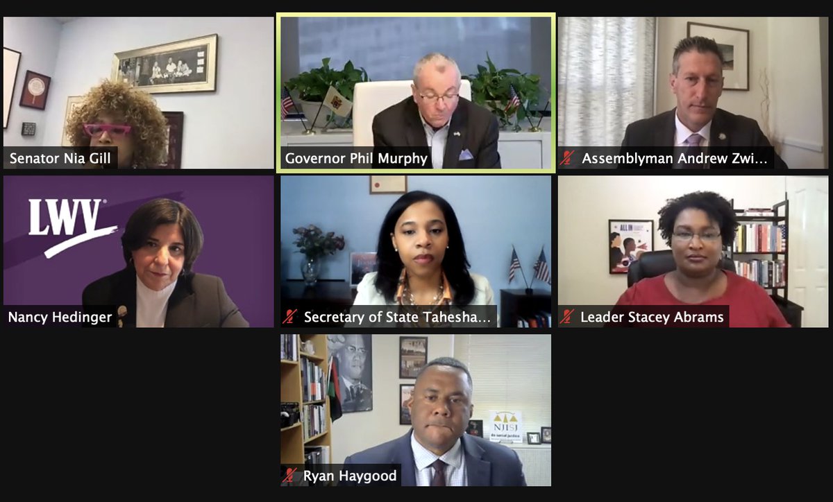 EdGrapeNutZimm's tweet photo. watching NJ's historic enactment of voting legislation in NJ. 

"Redemption for those who come out of our prisons &amp; jails must include full redemption of voting rights." @staceyabrams 
NJ's #EarlyInPersonVoting bill passed the same day Georgia enacted its #voterSuppression law. https://t.co/Sn95N59WmM