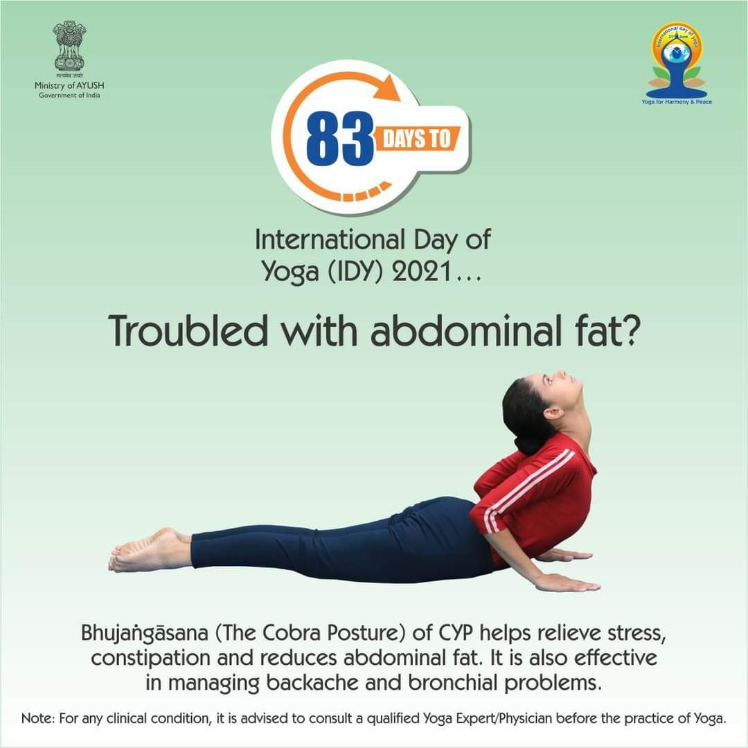 moayush's tweet photo. Only #83daysleft for #InternationalDayofYoga (IDY) 2021.
Incorporate #Yoga into your daily life for a stress-free mind and body.
Bhujangasana (TheCobraPosture) of Common Yoga Protocol helps reduce abdominal fat and stress among other health benefits. https://t.co/2bEyT8Wt4s