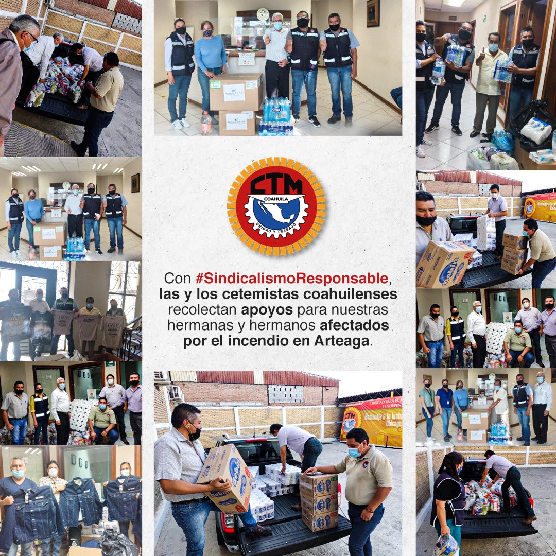 CTM_Coahuila's tweet photo. Las y los cetemistas coahuilenses muestran su apoyo incondicional a nuestras hermanas y hermanos que han sufrido los embates de los incendios en Arteaga, con apoyos y donaciones realizados por diferentes empresas y sindicatos que se solidarizaron con la causa. https://t.co/eaz6QLPB3p
