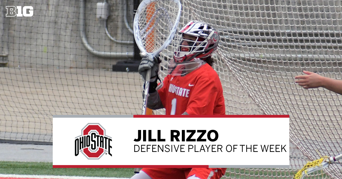 B1GLacrosse's tweet photo. Your #B1GWLax Defensive #PlayeroftheWeek is Jill Rizzo of @OhioStateWLAX 👏

🥍 Recorded 19 saves in two wins against Penn State
🥍 Leads all active goalies in 🇺🇸 in career saves (753) &amp; career saves per game (11.07)

#B1G 📰 https://t.co/KpD4dHMvtH https://t.co/dzTGnP3h9C