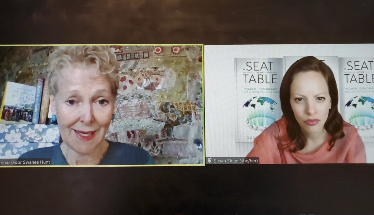 'Women have an expertise that is very hard to come by and we need them'-Amb. @SwaneeHunt. Thank you @SwaneeHunt & @realSusanSloan for such an engaging conversation to kick off our Seat at the Table series. Stay tuned for full webinar on YouTube #WhereLeadersLead #DiplomacyTable