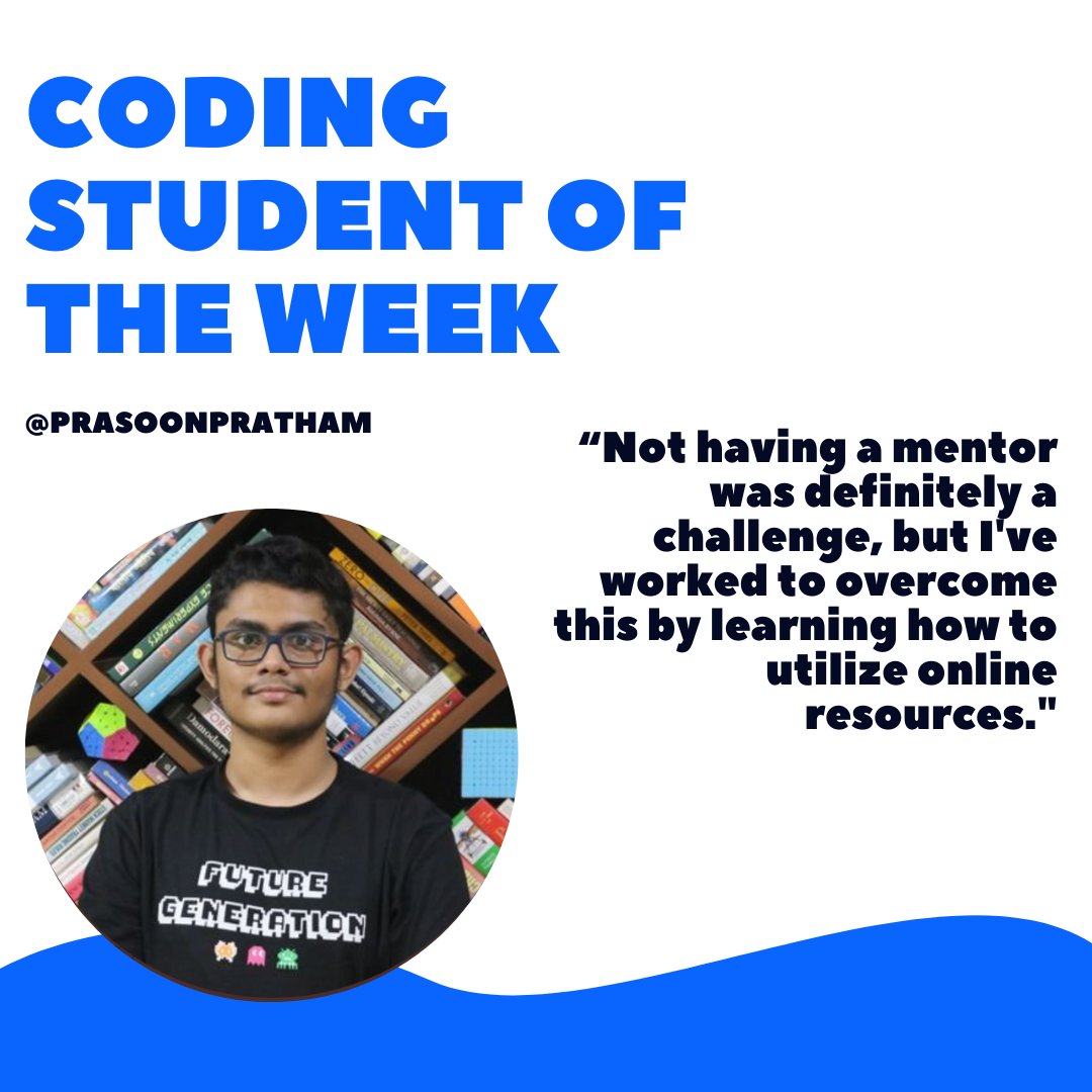 codeschool_book's tweet image. Hello #CodingStudent of the Week! Meet,
@PrasoonPratham !
Pratham is not only an incredible learner but is sharing his favorite resources with you. #techcommunity #coding
Want to submit yourself or a friend? You can do that here 😎: form.jotform.com/20275379758416…