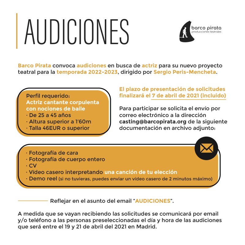 barcopirataorg's tweet photo. Te estamos buscando… ¿te atreverías? 🤔

Convocamos audiciones en busca de actriz para una nueva aventura teatral para la temporada 2022-2023, dirigida por Sergio Peris-Mencheta. 

Escríbenos si cumples con todos los requisitos solicitados 😉

#teatro #audiciones #casting https://t.co/PKtOeNHdhc