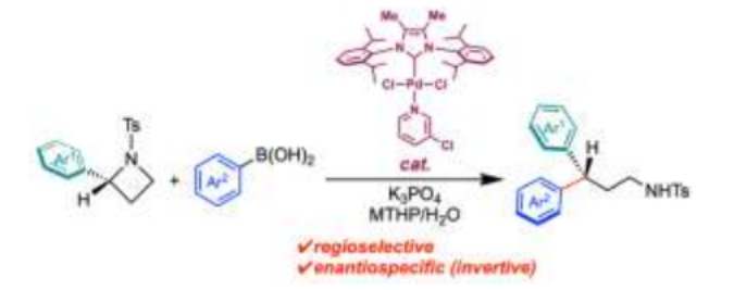 AdvSynthCatal's tweet photo. Accepted Full paper by Youhei Takeda @Takephos , W. M. C. Sameera, Satoshi Minakata, and co-authors: #Palladium‐Catalyzed Regioselective and Stereospecific Ring‐Opening Suzuki–Miyaura Arylative Cross‐#Coupling of 2‐Aryl #azetidines with Arylboronic Acids https://t.co/LdXKePCI5c https://t.co/e5U7GkK03l
