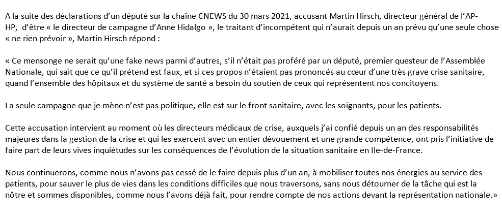 Martin Hirsch Ma Reaction Suite Aux Declarations D Un Depute Sur La Chaine Cnews Le 30 Mars 21 La Seule Campagne Que Je Mene N Est Pas Politique Elle Est Sur