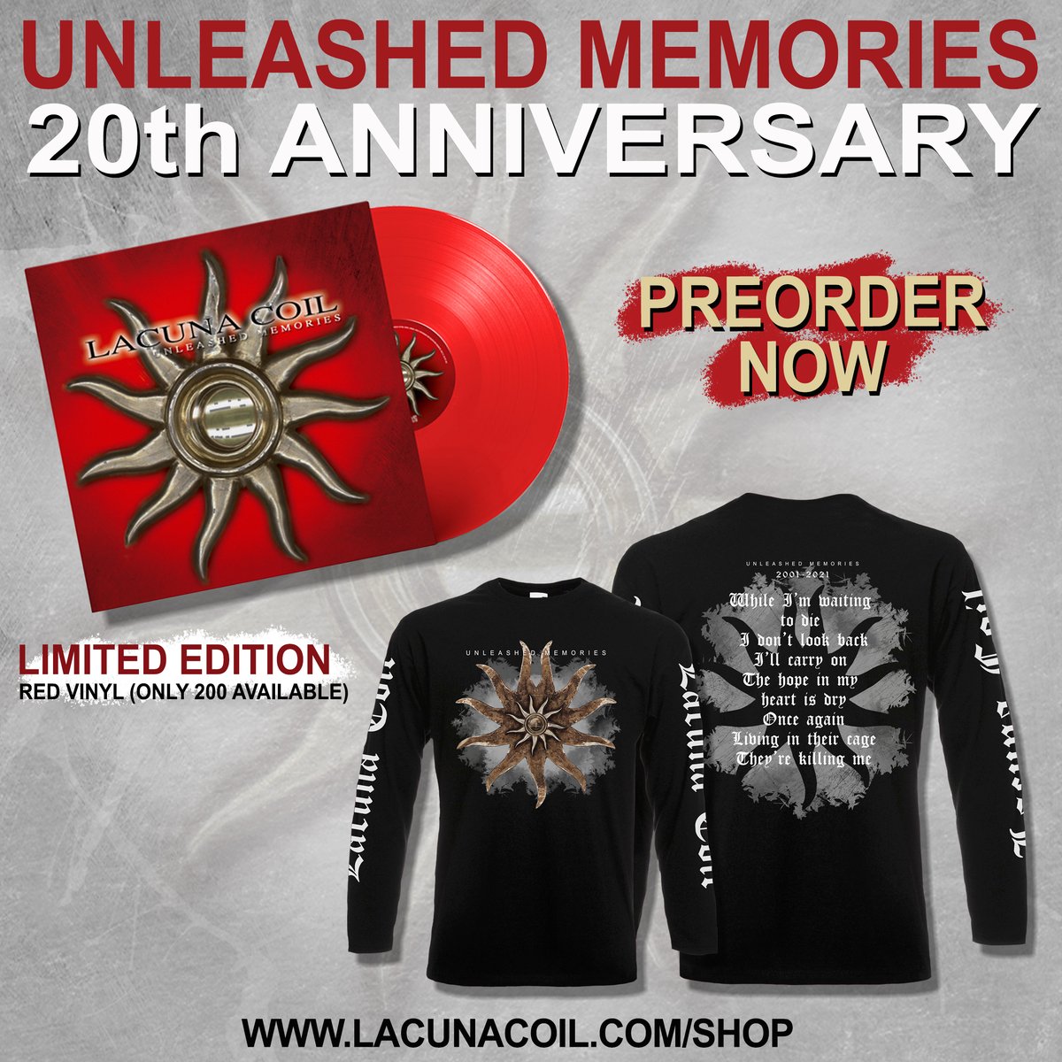 lacuna_coil's tweet photo. Our second album Unleashed Memories has just turned 20 💥 To celebrate, we’re making it available on vinyl for the first time! Red LP is limited to 200 copies and we’re also releasing a commemorative longsleeve t-shirt. Unleash your memories with us 🖤

👉 https://t.co/6zQSZx0NNa https://t.co/5DxqdeO73k
