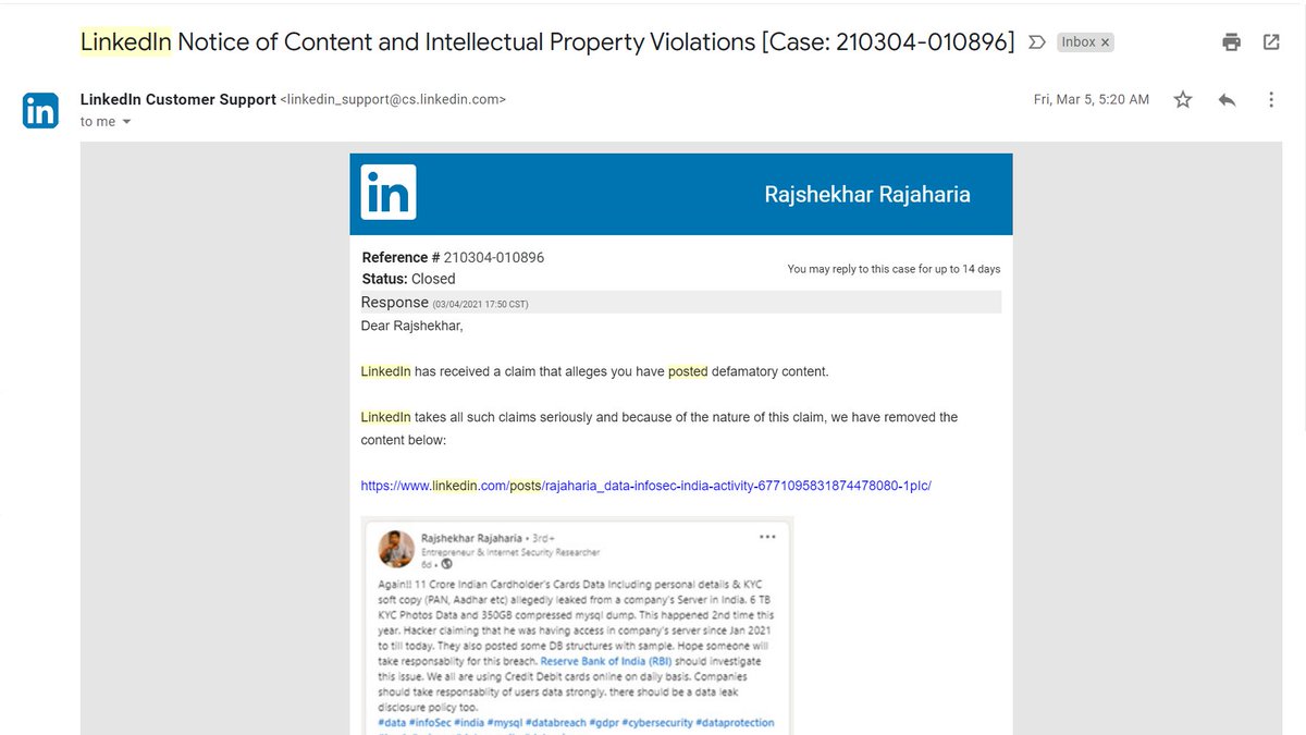rajaharia's tweet photo. LinkedIn also deleted my post after complaint. If you will write against #Mobikwik... they will take legal action. This is how they protect Customer Privacy. #InfoSec #GDPR #DataLeak @fs0c131y @troyhunt @sanjg2k1 @jackerhack @PogoWasRight @LinkedIn https://t.co/Vu1b9hKsEt