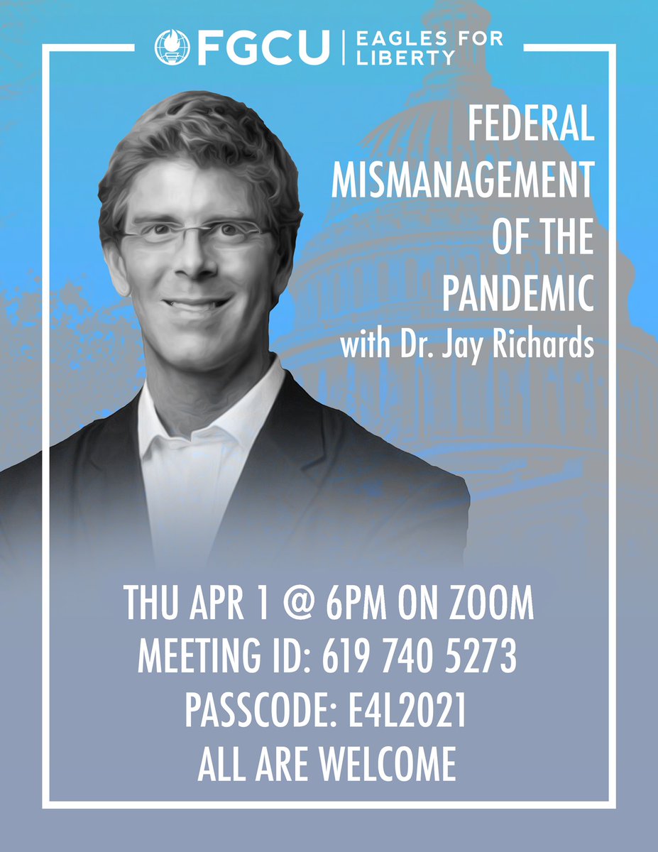 RESCHEDULED! Join us this Thursday, April 1 for a lecture by Dr. Jay Richards regarding federal mismanagement of the pandemic. We look forward to seeing you there! 

Meeting ID: 619 740 5273
Passcode: E4L2021
Link to join: zoom.us/j/6197405273?p…