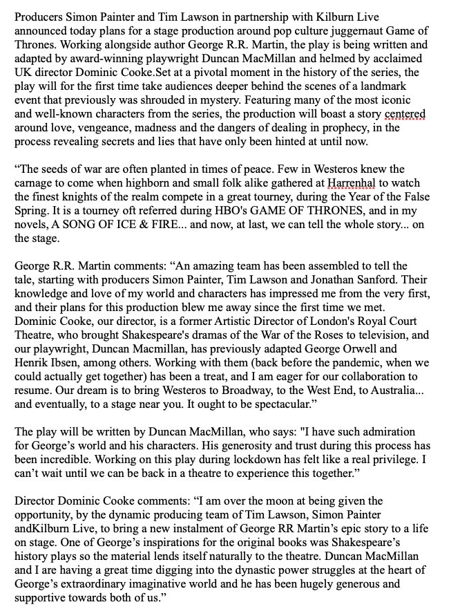 GAME OF THRONES is coming to the stage!