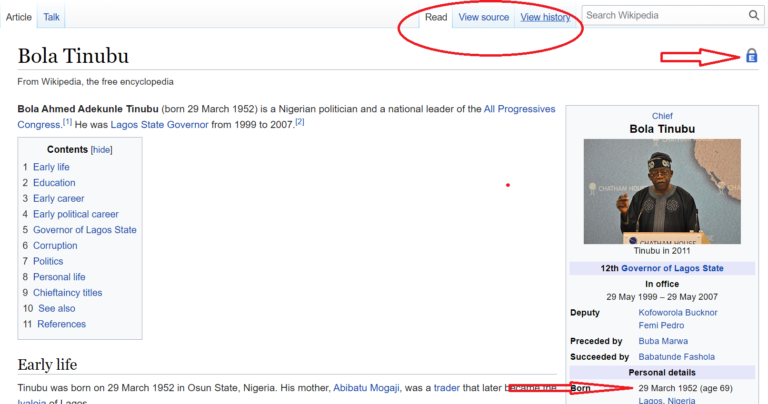thecableng's tweet image. Wikipedia locks Tinubu&apos;s page for &apos;persistent vandalism&apos; after age is edited 84 times | TheCable bit.ly/3sDu0Ur

#TinubuAt69