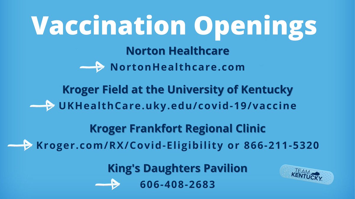GovAndyBeshear's tweet photo. Vaccination appointments are open across Kentucky. Make a plan for your #ShotofHope. 

📍@Norton_Health - https://t.co/R2EKTFX6F6 

📍@Kroger_Health - @universityofky 
https://t.co/Rr6cZ6m1cg 

📍@Kroger_Health - @frankfortreg https://t.co/O8pExiHP5h 

📍@kdmedctr - 606-408-2683 https://t.co/Y0dTyhoDsf