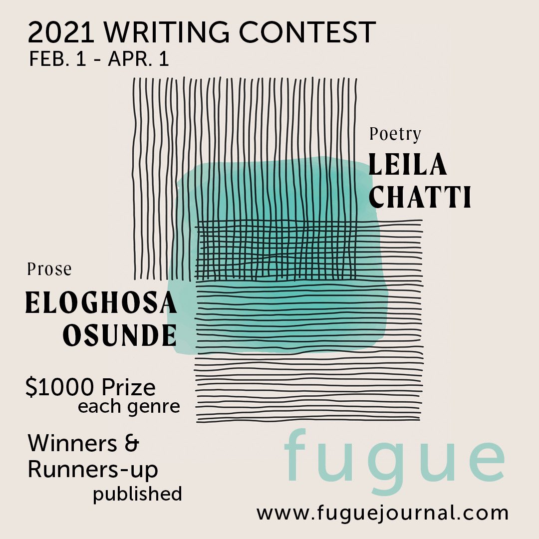 Just 3 more days to submit to Fugue’s 2021 Writing Contest! Tell your friends! Tell your mom! Tell your mom’s friends!