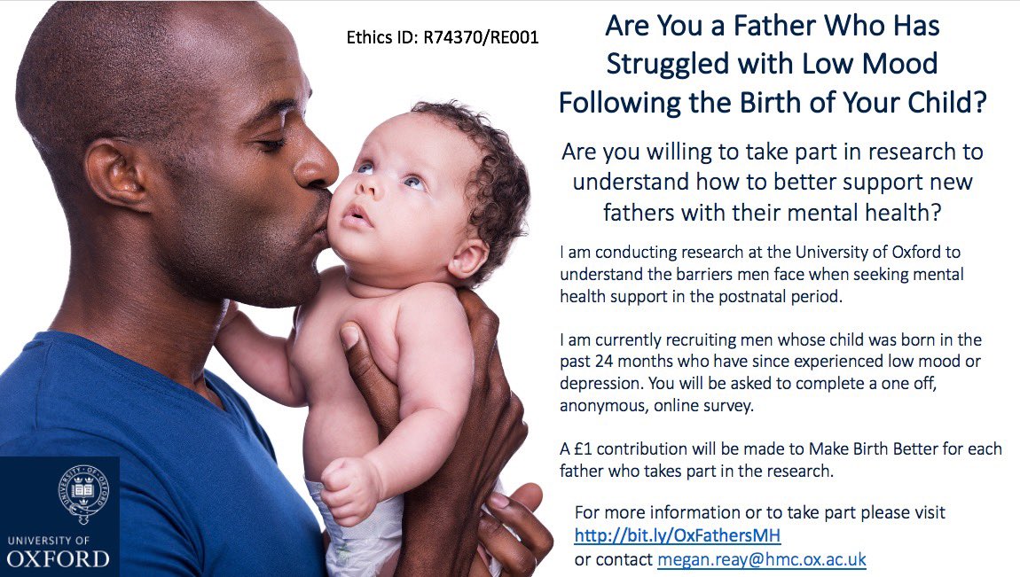 NOW RECRUITING! New research at University of Oxford looking at supporting men’s mental health after the birth of their child. Click for more information and to take part bit.ly/OxFathersMH #howareyoudad #mensmentalhealth