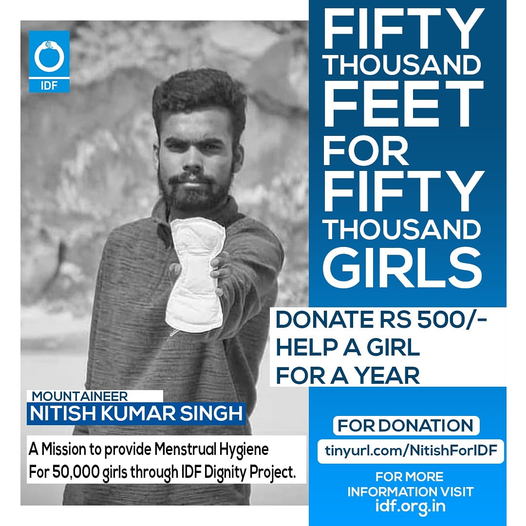 IDF_INDIA's tweet photo. Mountaineer with a Mission to support 50,000 girls. Gorakhpur boy to climb 50k feet to support IDFs Dignity Project for Menstrual Hygiene Management. https://t.co/HoZuFYKn2h
https://t.co/mlmT9m5iVj
#padman
#dignityforgirls #dignitymatters https://t.co/Ujq4chWG3n