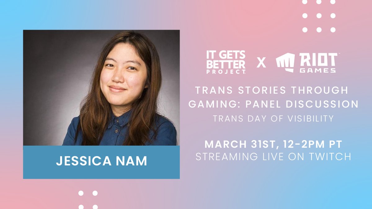 ItGetsBetter's tweet photo. 🎮 Reminder gaymers: For #TransDayOfVisibility, we're teaming up with @riotgames to talk trans representation in gaming!

🏳️‍⚧️ Follow us on Twitch and tune in March 31 at 12pm PST for demos and discussion! https://t.co/XTbelyieUR