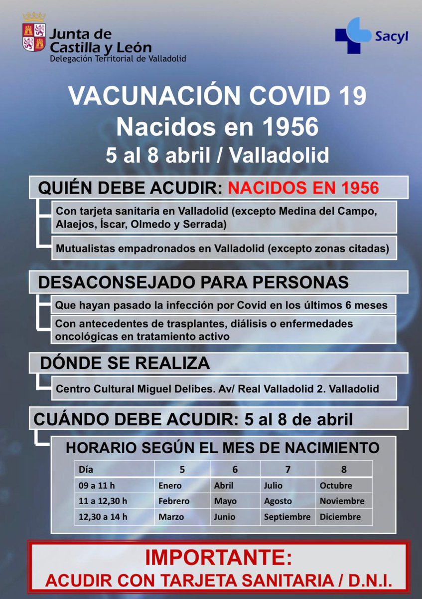 AyuntamientoVLL's tweet photo. 📢 ANUNCIO sobre la vacunación en Valladolid.

Deben acudir: Las personas nacidas en 1956 con tarjeta sanitaria en Valladolid y mutualistas empadronados en Valladolid.

🗓 Del 5 al 8 de abril

📍En el Centro Cultural Miguel Delibes 

⏰ Horarios y reparto por días en el cartel 👇 https://t.co/opzAH3QR3t