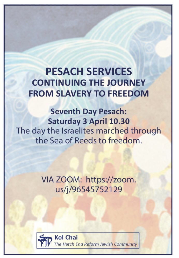 Happy Pesach all, and keep celebrating! Our 7th Day Pesach Shabbat Morning extravaganza is on 3rd of April at 10:30. Join us on Zoom at zoom.us/j/96545752129, and find out more on our website: kolchai.org. See you there!