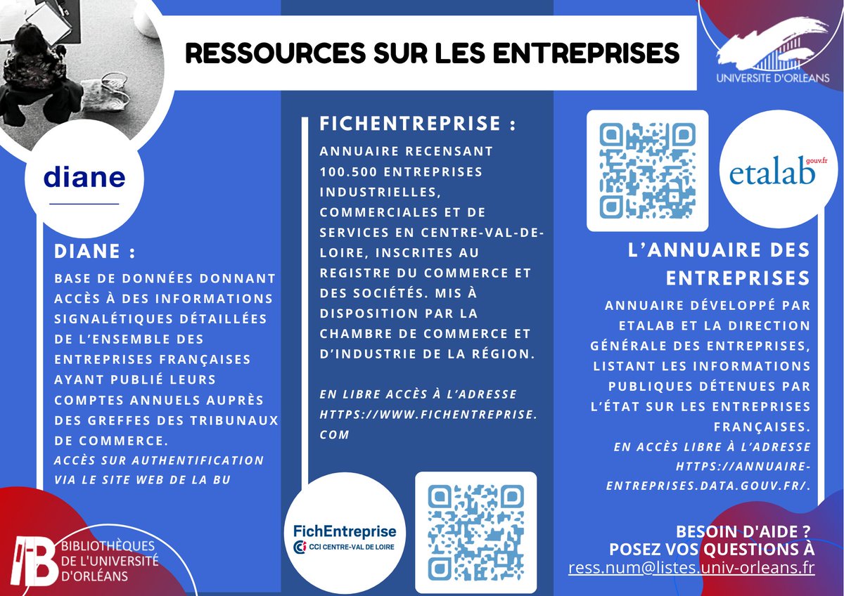 Univ_Orleans's tweet photo. [Focus Ressources ℹ️]

La BU vous propose un focus sur les ressources contenant les coordonnées et les informations économiques des entreprises ⤵️

Diane👉https://t.co/dIqeA4eegC
FichEntreprise👉https://t.co/Ulnhn6J6xL
L'Annuaire des Entreprises👉https://t.co/ptEuEy7gQF
#Basebib https://t.co/MsIyYzJF4q